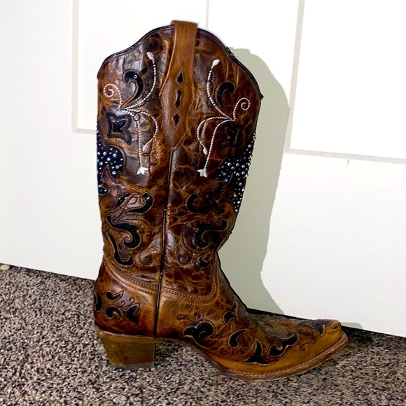 Bottes De Cowboy Femme Corral En Cuir Marron - Broderies - Talon Bloc - Taille 11M (EU 43)